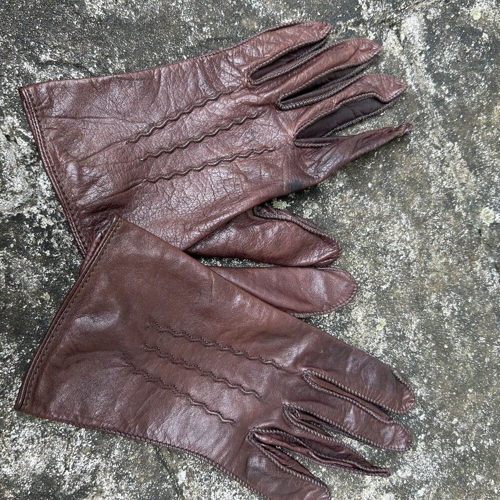 Vtg Dark Brown Leather Gloves Detailed Stitch Accent Classic Retro Size M